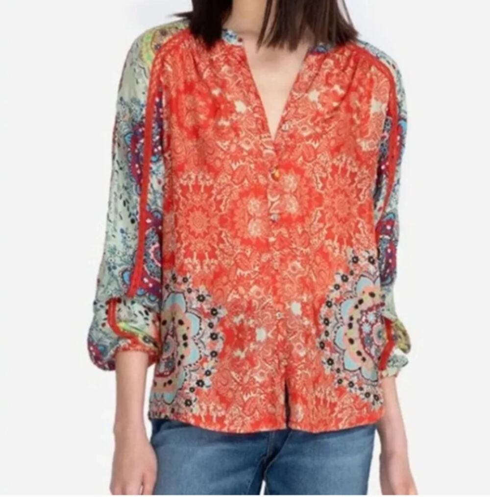 Johnny Was Sz M Ellen Button Up Boho Floral Print Tunic Blouse Top